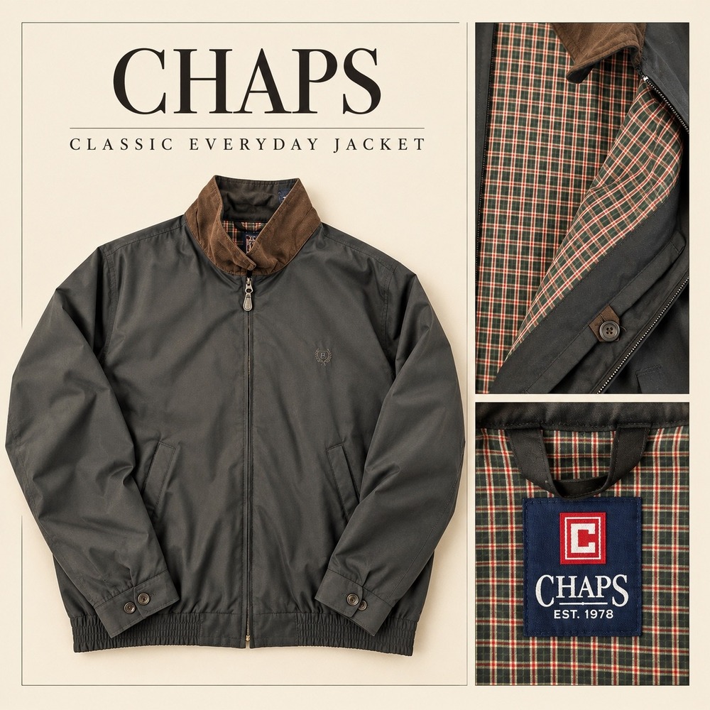 Chaps Mens Harrington Jacket Black Plaid Lined Corduroy Collar XL
